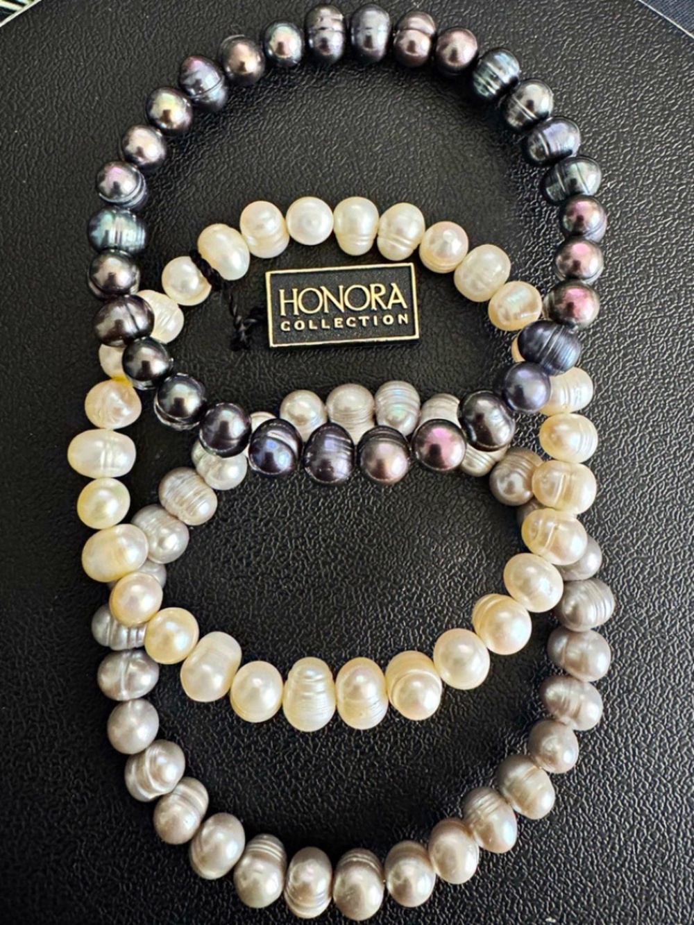 Honora Baroque Pearl Beaded Stretch Bracelet Set of 3 Stackable Black/Gray/White
